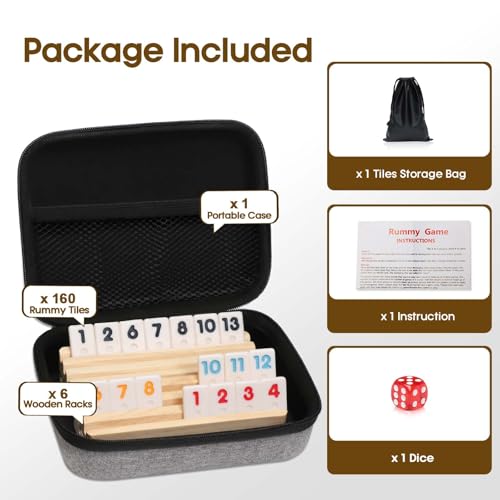 Mini Travel Rummy Cube Set with 6 Wooden Racks, 160 Rummy Cube Game Tiles Rummy Cube 6 Player Edition with Portable Case for Family Classic Board Games - Travel Edition