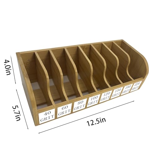 Bamboo Sandpaper Holder & Organizer - Pre-Assembled Storage for 5 Inch Sanding Discs, Sanding Blocks & Saw Blades | Compact & Durable Woodworking Tool Accessory (8 bins) - size: 8 bins