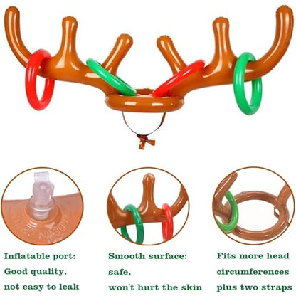 4 Set Inflatable Reindeer Antler Ring Toss Game for Xmas Party, 2025 Christmas Antler Hat Ring Toss Game for Kids Adults, Family Indoor Outdoor Reindeer Toss Game (4 Antlers 16 Rings 1 Pump)