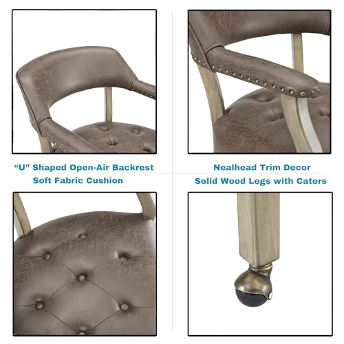 Set of 4 Dining Chair with Casters, Accent Captains Chairs with Wheels & Arms,Wheeled Roller Wood Chairs for Kitchen & Game Poker Table,Antique Grey&Dark Brown(NO Table!) - color: Antique Grey&dark Brown