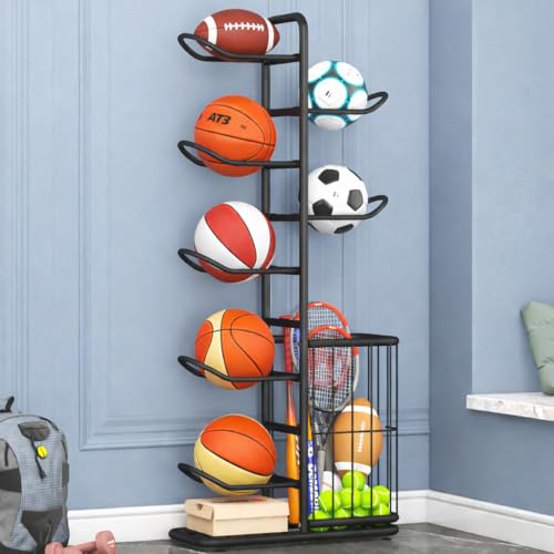 7-Ball Sports Equipment Storage Rack with Ball Holder, Ideal for Garage or Indoor Use - Organize Toys, Sports Gear and More, 57.5" (Black) - style: 7-tier with Basket
