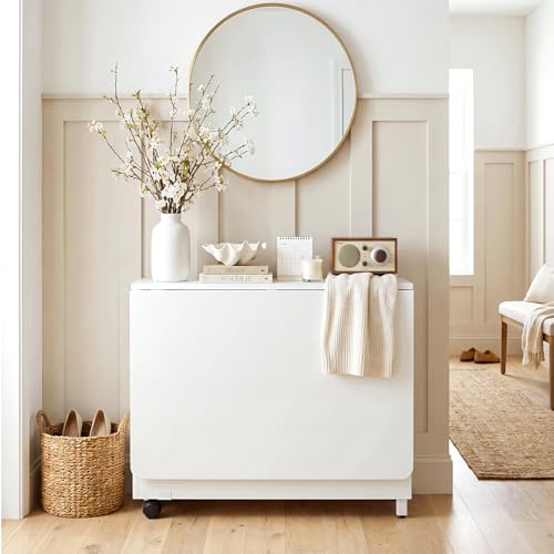 Folding Dining Table with Wheels, Space Saving Drop Leaf Kitchen Table with Storage Cabinet, Expandable Movable Furniture for Small Apartment, White - color: White