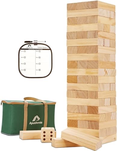 ApudArmis Giant Tumble Tower Stack to Over 5Ft, 56 PCS Pine Wooden Stacking Timber Game with 1 Dice Set - Classic Block Giant Outdoor Game (7.48 * 2.48 * 1.5In Each Block) - color: Burlywood, size: XL-Over 5FT