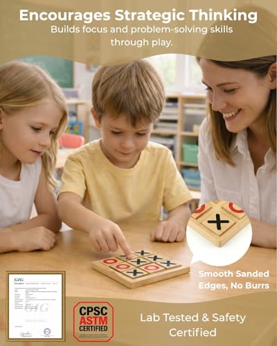 Pedolini Wooden Tic Tac Toe Game - 5.9 Inch Small Travel Board Games - Home Coffee Table Decor for Adults & Kids
