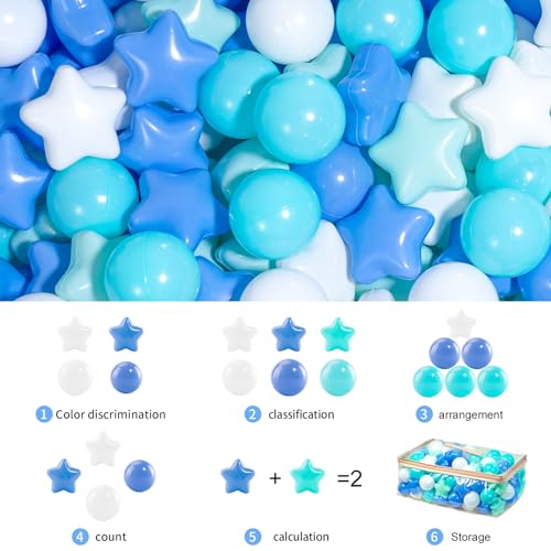 MoonxHome Ball Pit Balls for Toddlers, BPA Free Crush Proof Plastic Toy Balls for Ball Pit, Children's Pool Water Toys, Macaron Ocean Balls for Play Tent 2.15 Inch Pack of 100 200 500 800 1000 - color: Star white&green&blue