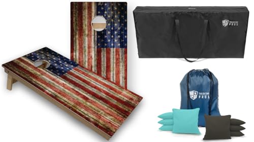 Tournament Grade Tailgating Pros American Flag Wooden Plank Design Cornhole Board Set w/Bean Bags and Carrying Case - 4'x2' Corn Hole Toss Game w/Built in Lights - color: Baby / Charcoal