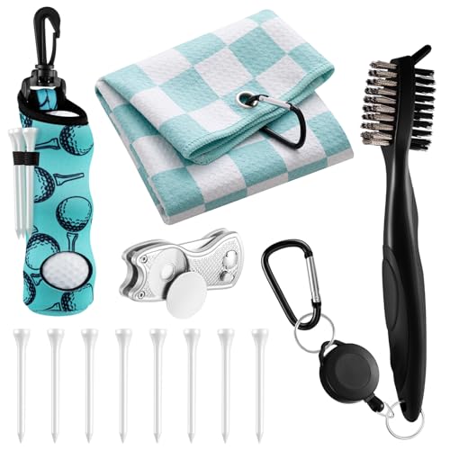 Liliful 12 Pcs Golf Accessories Kit, Include Golf Ball Bag with Hook Towel Tees Magnetic Ball Marker Divot Tool Cleaner Brush for Women Man Gifts - color: Teal, style: Checkered