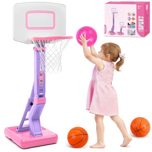 Toddler Basketball Hoop Indoor Outdoor - Height Adjustable 27.6-54 Inches (5 Slots), Kids Basketball Hoop with 4 Inflatable Balls & Pump, Safe Toddler Toys for 1-6 Year Old Boys Girls - color: pink