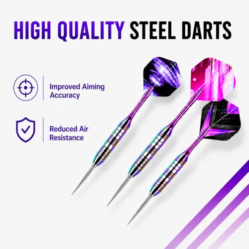 Darts Metal Tip Set - 3 Pack Steel Tip Darts with Aluminum Shafts, 9 Flights, 12 O Rings, Sharpener and Carrying Case for Bristle Dart Boards, Adults and Beginner & Pro Players