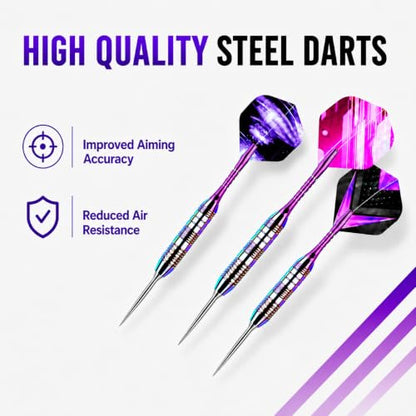 Darts Metal Tip Set - 3 Pack Steel Tip Darts with Aluminum Shafts, 9 Flights, 12 O Rings, Sharpener and Carrying Case for Bristle Dart Boards, Adults and Beginner & Pro Players