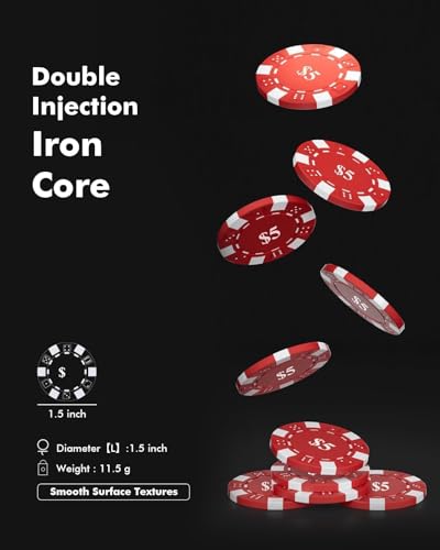 HEITOK 500pc Poker Chip Set 11.5g Iron Core Denominations Texas Holdem | 2-10 players, numbered values 1/5/25/100/500, aluminum case, cards, dice, dealer/small/big blind buttons, Blackjack - size: 500 numbered chips set