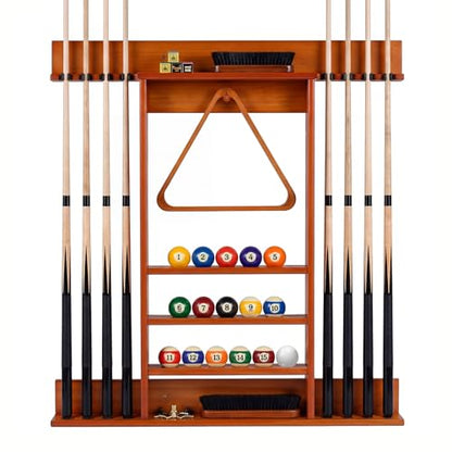 Goplus Pool Cue Rack, Wall Mounted Billiard Stick Holder, Made of Solid Pine Wood, Holds 8 Cues & Full Ball Set & 1 Ball Rack, Compact Billiards Accessories for Club, Bar (Brown)