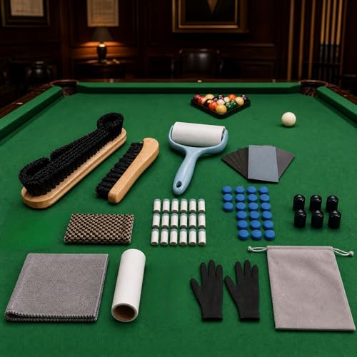10 Piece Pool Table Cleaning Kit Professional Billiard Felt Cleaner Rail Brush Set with Wooden Brushes Cue Cloths Ferrule Polish Cloths and Sticky Lint Roller for Table Care
