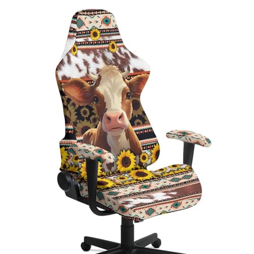 Aztec Tribal Gamer Chair Cover Set of 4 Cow Sunflower Print Computer & Gaming Chair Slipcover with 2 Armrest Covers for Ergonomic Game Rotating Office Chairs - color: Brown - Aztec Tribal Cow Sunflower