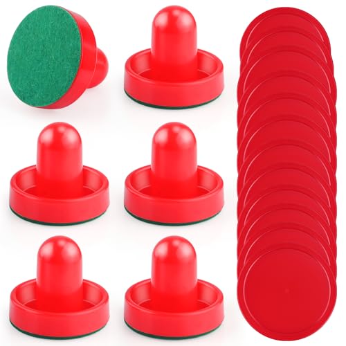 3 Sets 60mm Mini Air Hockey Pucks and Paddles Air Hockey Pushers Goal Handles Paddles Red Replacement Accessories for Game Tables (6 Strikers+12 Pucks)