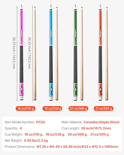VEVOR Pool Cue, Pool Stick, 58 inch Billiard Pools Cue Stick with Multi-Layer Tip & ABS Connection Ring, Cues Sticks for Professional Pool Table, Bar, Home, Office - style: 4 Piece Pool Stick
