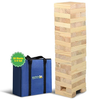 Garden Games Big Game Hunters Giant Tumble Towers, 58 Piece Wooden Block Game, 5 ft. Tall Stacking Backyard Indoor Outdoor Game for Kids Adults Family, Jumbo Splinter Resistant Blocks