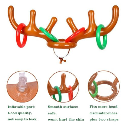 4 Pack Inflatable Reindeer Antler Ring Toss Game (4 Antlers 16 Rings 1 Pump) Reindeer Antler Hat Ring Toss for Xmas Party Great Christmas Games for Families