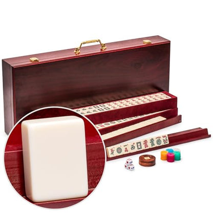 Yellow Mountain Imports American Mahjong Set – Classic Royale II with Redwood Veneer Case, Wooden Pusher Racks, Wind Indicator, Dice & Wright Patterson Scoring Coins
