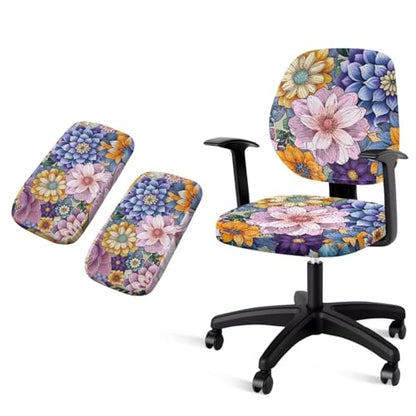 Boho Floral Desk Chair Cover Elastic 4-Piece Set Stretchy Pet Friendly Soft Computer Chair Cover for Home Office and Game Room Chairs - color: Boho Floral