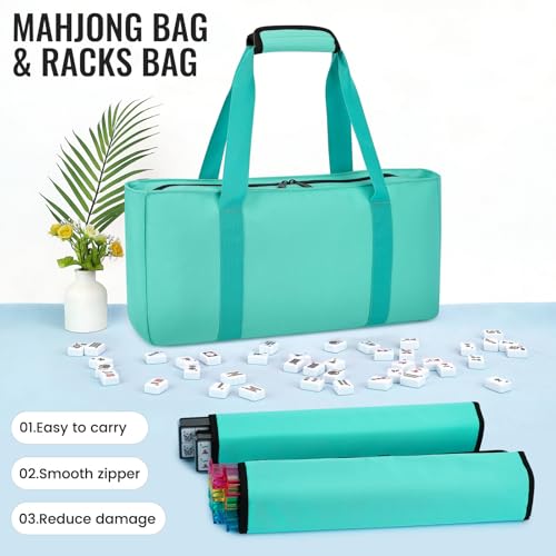 American Mahjong Tile Set,166 White Tiles Mahjong Set,4 Colors Mahjong Racks,Travel Mahjong Set with Green Carrying Bag - style: Green Bag