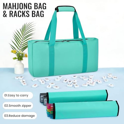 American Mahjong Tile Set,166 White Tiles Mahjong Set,4 Colors Mahjong Racks,Travel Mahjong Set with Green Carrying Bag - style: Green Bag