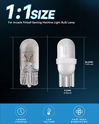 Keiurot 555 Bulb T10 194 DC AC 6V 6.3V for Pinball Led Bulbs Arcade Pinball Machine Light Bulb Lamp Warm White Nonpolarity, Pack of 10 - color: Warm White, size: T10
