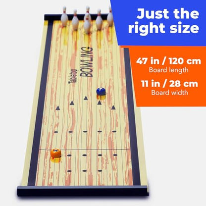 Bowling Game - Indoor Table Games for Whole Family, Kids and Adults - Portable Set w/Lane, 6 Pins, 2 Bowl Bearings - Play at Home Or Traveling