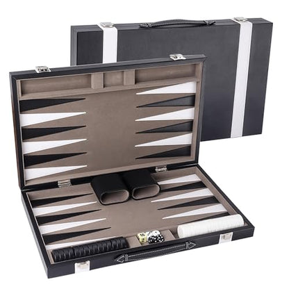 GSE Premium Leather Backgammon Board Game Set, Black&Grey, Large | Premium Leather, Travel Folding Board, Classic Game Set, Leather Case Included - color: Leather-black&grey, size: Large