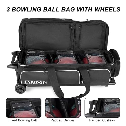 LARIPOP 3 Ball Bowling Bag with Wheels and Shoe Compartment, Rolling Bowling Bag for 3 Balls, Heavy Duty Bowling Roller Bag with Retractable Handle for Men Women - color: Black