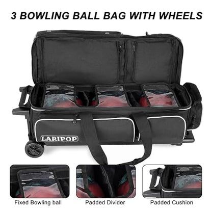 LARIPOP 3 Ball Bowling Bag with Wheels and Shoe Compartment, Rolling Bowling Bag for 3 Balls, Heavy Duty Bowling Roller Bag with Retractable Handle for Men Women - color: Black