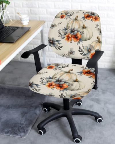 Savannan Office Chair Cover, Retro Pumpkin Flower Leaf on Linen Protective Stretch Elastic Universal Cover for Desk Task Chair,Computer Rotating Chair 1 Pcs Watercolor Fall Plant