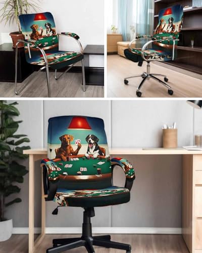 Abstract Animal Office Chair Cover with Armrest Covers, Dog in The Room Playing Poker Games Universal Stretch Desk Rotating Chair Slipcovers, Removable Seat Protector with Zipper, L - color: Dark Green Brown, size: Large & 2PCS Armrest Covers
