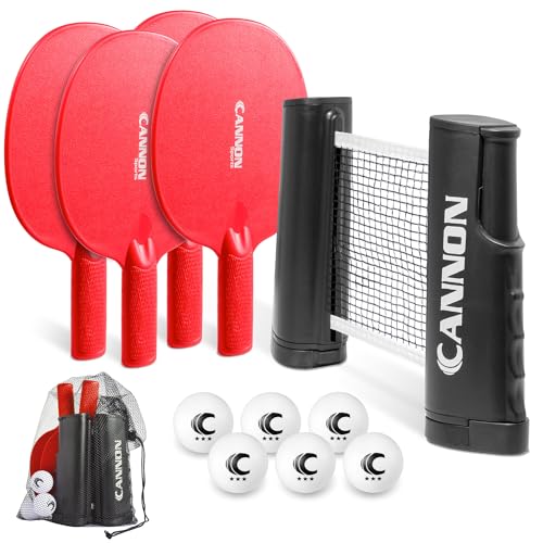 Cannon Sports Table Tennis Set – 4 Unbreakable Paddles, 6 3-Star Balls, Retractable Net & Carry Bag – Clamp-On Portable Ping Pong Net Fits Tables up to 2 Inch Thick, Extends to 6 Feet - color: Red