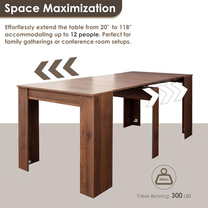 20"-118" Extendable Dining Table for 2-12 People, Modern Modular Extension Table, Space-Saving Extra Long Folding Dining Table, Multifunctional Conference Meeting Table, Walnut - color: Walnut, style: 20" - 118.5" (2-12 People)