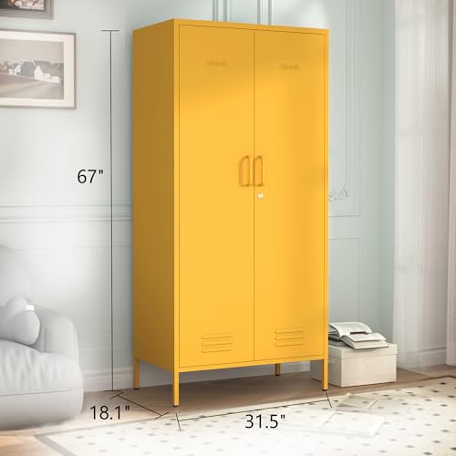 Industrial 67" Yellow Lockable Metal 2-Door Storage Cabinet, Multi-Purpose Wardrobe with Hanging Rod & Adjustable Shelves, Heavy Duty for Bedroom, Garage, Home Office 67"H X 31.5"W X 18.1"D - color: Mustard, style: Wardrobe-67"H-JS