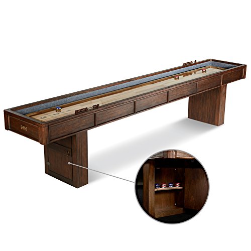 Barrington 12ft Webster Shuffleboard Table, Solid Wood, Storage Cabinets | 12ft rustic shuffleboard table with 1.75" solid wood poly-coated playfield, storage cabinets, 8 pucks & speed powder