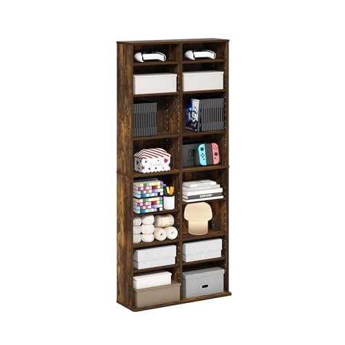 Furinno Jaya DVD Shelf, 16-Shelf Wide CD Rack, Media Shelf with Adjustable Shelves, 8 x 2 DVD Storage Cabinets for CD Blueray Game Disc, Easy Assembly, for Living Room, Home Office, Amber Pine - color: Amber Pine, size: 16-Shelf