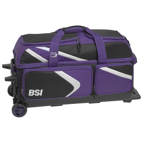BSI Dash Roller Bowling Bag with Smooth Rolling Wheels, Padded Ball Compartment, Retractable Locking Handle, & Shoe Pocket - color: Black/Purple/White, style: Triple
