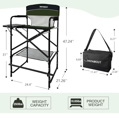 Tall Folding Director Chair 30.7" Seat Height Foldable Bar Stool for Makeup Artist Face Painting with Side Table Carry Bag and Cosmetic Bag Supports 250LBS - color: Olive