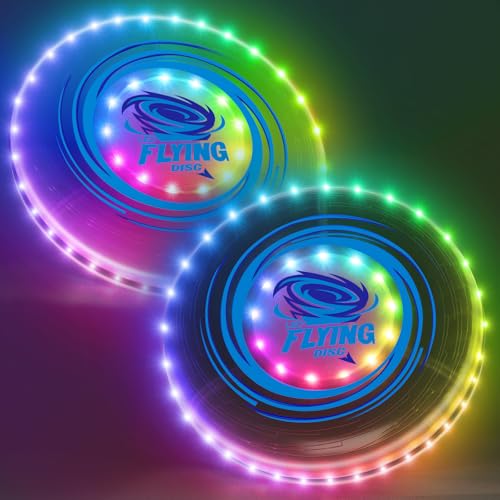 HYES 2 Pack Light up Flying Discs for Kids, 45 LEDs, 14 Lighting Modes, Rechargeable Glow in The Dark Flying Ring for Beach, Camping, Outdoor Game, Sport Toys for Teens Boys Adult - size: 2PCS: 10in + 10in