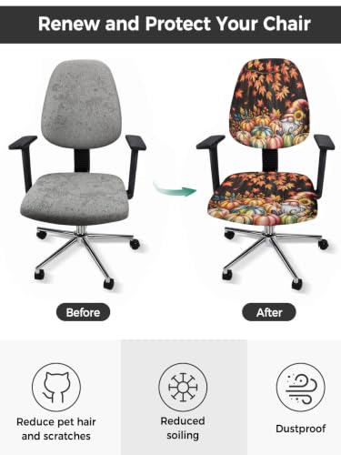 Savannan Office Chair Cover, Autumn Pumpkin Gnome on Brown Wood Protective Stretch Elastic Universal Cover for Desk Task Chair,Computer Rotating Chair 1 Pcs Maple Leaf