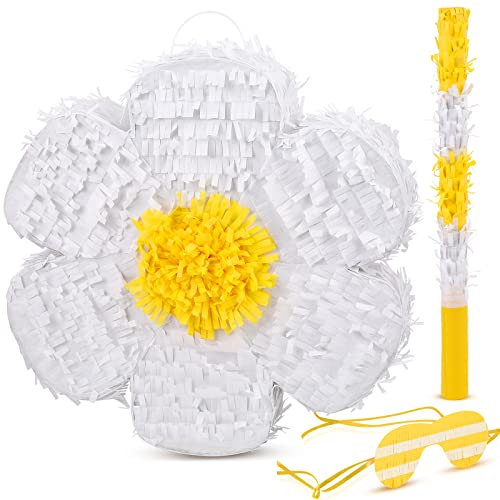 Deekin Daisy Flower Piñata Flower Daisy Party Game Piñata Hippie Boho Hanging Gender Reveal with Blindfold and Stick for Birthday Decorations Baby Shower Wedding Gender Reveal Floral Party Supplies - style: Daisy