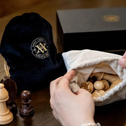 A&A Premium Triple Weighted Staunton Wooden Chess Pieces w/ 2 Extra Queen - King Height 3.75"/9.5cm / 2 Storage Bags - Natural Walnut Wood