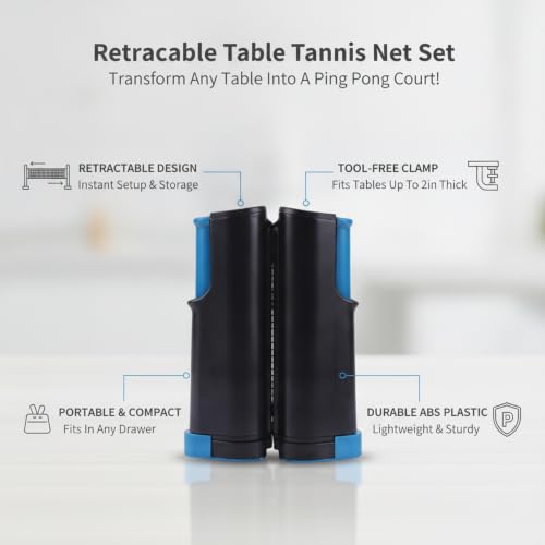 Retractable Table Tennis Net Set, Tool-Free Clamp Design for Dining & Office Tables, Portable ABS Plastic Ping Pong Net with Posts - color: Black