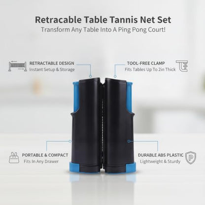 Retractable Table Tennis Net Set, Tool-Free Clamp Design for Dining & Office Tables, Portable ABS Plastic Ping Pong Net with Posts - color: Black
