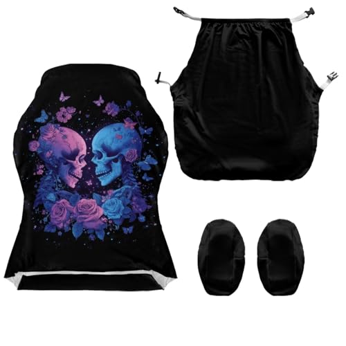 Skeleton Print Computer & Gaming Chair Slipcover Rose Butterfly Print Game Chair Cover with Armrest Covers Easy to Install Universal Fit Office Desk & Racing Computer Gamer Chairs - color: Black - Skeleton Rose Butterfly