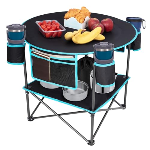 FUNDANGO Portable Camping Table Foldable, Lightweight 2-Tier Folding Beach Table with 4-Cup Holders & Carry Bag for Picnic Tailgate Backyard Outdoor