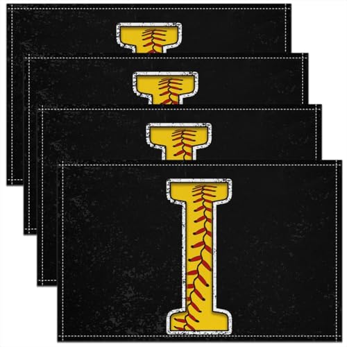 Erosebridal Initial I Letter Placemats 12x18 inch Set of 4 Baseball Sport Place Mats for Dining Table | Monogrammed Table Place Mats Softball Accessories Yellow Black Scratch Proof Placemats - color: Yellow I