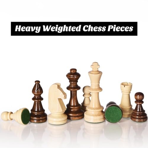 Vamslove Wooden Heavy Weighted Chess Pieces Only-3.8'' King-Extra 2 Queens-34 Wood Tournament Chessmen for Chess Set,Velvet Storage Bags Included